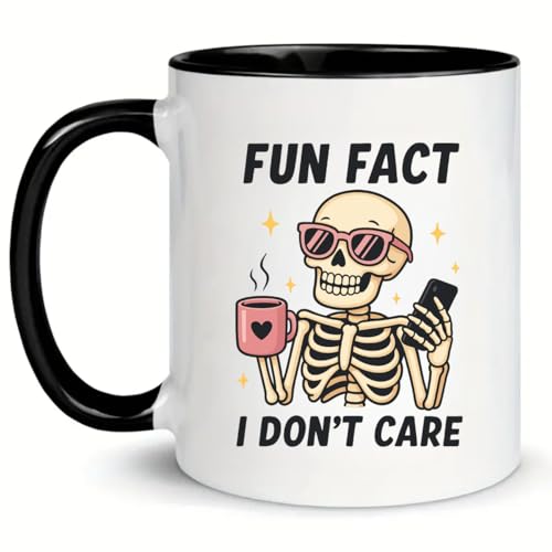 MissDaisy-Funny Skeleton Coffee Mug 11oz – “Fun Fact I Don’t Care” Sarcastic Skeleton with Coffee & Phone, Humor Gift for Coworkers, Friends, Office Desk, Anti-Social Attitude Cup
