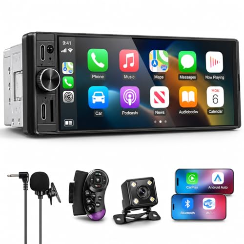 JAUNACE Single Din Radio - Car Stereo with Wireless Apple CarPlay and Android Auto, 6.5” InCell Touchscreen with HD Backup Camera, Mirror Link, Bluetooth 5.2 GPS FM USB & Type-C Fast Charging EQ SWC