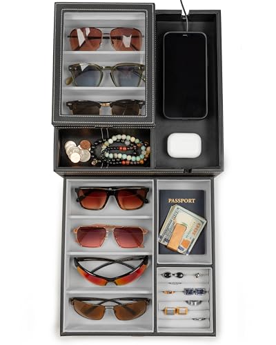 HOUNDSBAY Lookout Sunglasses and Eyeglasses Organizer Storage Display Case Dresser Valet Box Charging Station (Black/Gray)