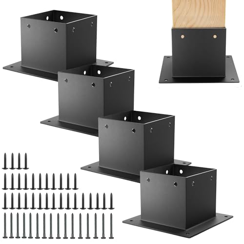 Image of 4x4 Stainless Steel Deck Post Base 4pcs | Internal 3.5 inchX3.5 inch| 13ga Thick Matte Black Powder Coating Post Anchor , 4x4 Post Bracket for Wood Posts, Fence, Deck Railing, Handrail Railing Support