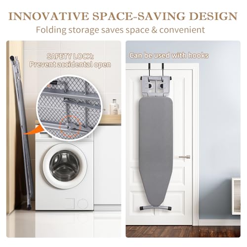 SKY-TOUCH Ironing Board 110x33cm, Folding Ironing Stand with Jumbo Iron Rest, Heavy Sturdy Metal Frame Legs Iron Stand, Ironing Board Adjustable Height for Home Laundry Room or Dorm Use, Grey