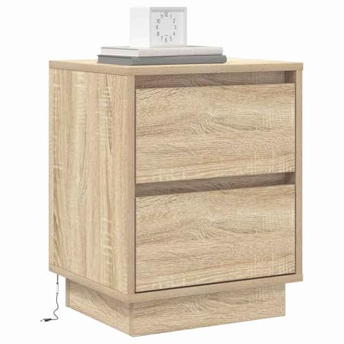 vidaXL Cabecera de Cama con luz LED en Roble Sonoma. Mesa de Noche Moderna con cajones de Cierre Suave, Almacenamiento en el Dormitorio. Tamaño Compacto de 39x34.5 x 50 cm, Ideal para