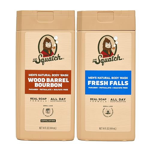 Dr. Squatch Natural Mens Body Wash Shower Gel - Cleansing Nourishing Long Lasting Scent Moisturizing Body Wash for Men - Wood Barrel Bourbon & Fresh Falls (14 oz 2-Pack)
