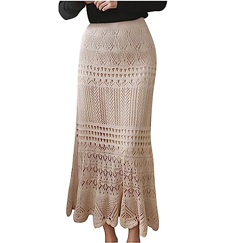 Women's Plus Size Stretched High Waist Crochet Hollow Out Knit Flowy Patterned Lace Maxi Skirt Mermaid Skirts2