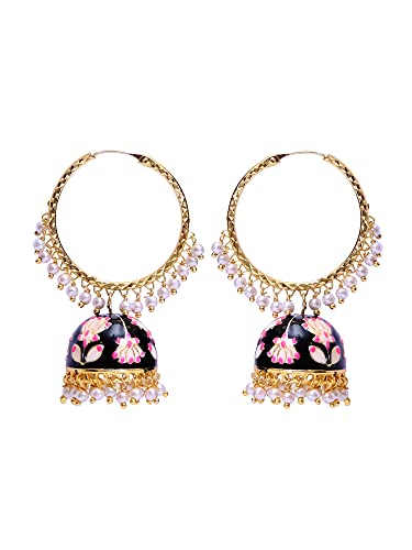 Crunchy Fashion Bollywood Jewellery Traditional Ethnic Bridal Bride Wedding Bridesmaid Black Meenakari Lotus Bali Indian Chandbali Jhumka Earrings Jewelry SetFor Women