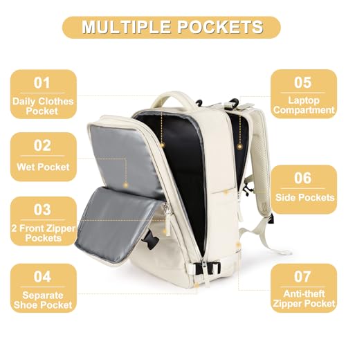 Image of Beige Large Travel Backpack For Women Men Airline Approved Personal Item Backpack For Airlines Carry On Backpack Flight Approved Waterproof Backpack For Traveling On Airplane Weekender Travel Bag