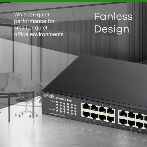 Image of Zyxel 24 Port Network Ethernet Switch | Unmanaged Gigabit | GS1100-24E | 24x GbE Ports, Fanless, Rack Mount Kit Included, Dual SFP Ports, Auto MDI /MDI-X Support