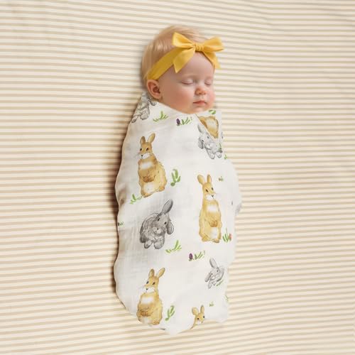 Image of BabyWhale Muslin Swaddle Blankets Neutral, Baby Swaddling Wrap Nursery Blanket for Boys & Girls Neutral, Soft 70% Viscose from Bamboo and 30% Cotton, Large 47 x 47 inches, Mushroom & Rabbit Pattern