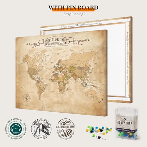 Image of DECORARTS - World Travel Map with Pins, Pin Board Canvas Wall Art, Antique Vintage Old World Maps for Wall, Giclee Print on Canvas, Handcrafted in USA, 20x16''