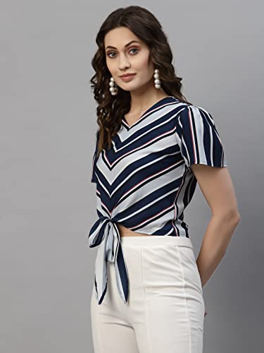 Image of Style Quotient Blue Striped Crepe Crop Top