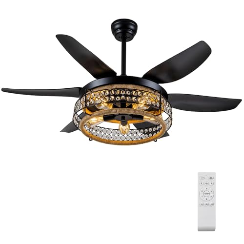 Oiotwo - Ventilador de techo retro de 52 pulgadas con luz, motor de cobre CC, vidrio K9, reversible, con control remoto multifuncional, ajustable de 6 velocidades, adecuado para habitaciones, salones
