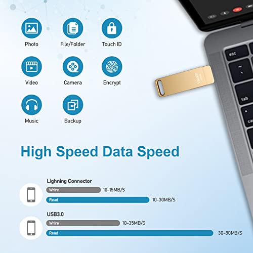 Image of MFi Certified Photo Stick, 3 in 1 iPhone Flash Drive, Photo Stick for iPhone 256GB, Memory Stick for iPhone Photo Storage Thumb Drive External Storage Compatible for iPhone /PC /iPad /More Devices Gold