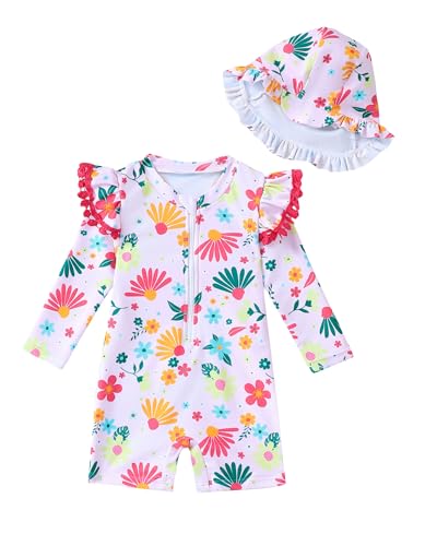 Image of Toddler Girl Swimsuit Baby Girl Bathing Suit Long Sleeve Floral Zipper One-Piece Rash Guard Swimsuit with Hat