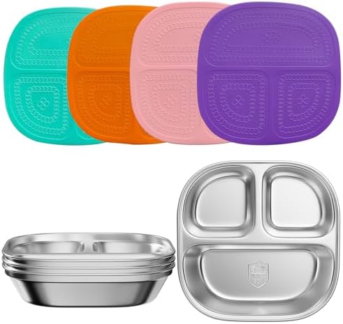 Set of 4 Snack Containers,Stainless Steel Kids Plates,Stainless Steel Toddler Plate with Silicone Lids- Reusable Meal Prep Lunch Containers for Kids Non Toxic & 100% BPA Free