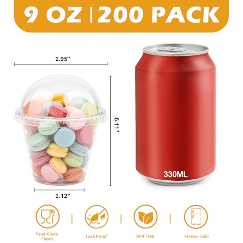 Image of Lamosi 200 Pack 9 oz Plastic Cups with Lids, Disposable Clear Cups with Lid | Small Cups with Dome Lid No Hole for Dessert, Ice Cream, Snack, Fruit, Cake, Pudding and To-go Drink, BPA Free, Freezer Safe