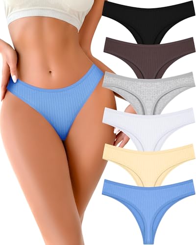 Image of FINETOO Cotton Thongs for Women Soft Low Rise Sexy Thong Ladies Panties Womens Underwear 6 Pack XS-XXXL