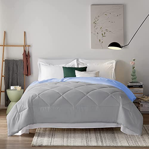 Image of Filbert - 400 GSM Reversible Microfiber Rajai Double Bed Comforter Blanket, Super Soft Microfiber Diamond Stitch Quilt (90 inch x 100 inch Inches /228cm x 254cm) - Comforter Double Bed|Silver /Sky Blue