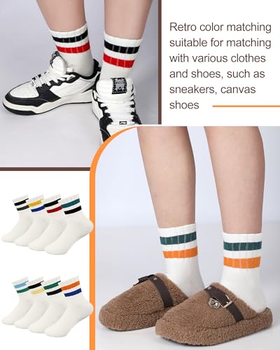 Image of Halfchet 8 Pairs Striped Crew Socks for Women Retro Cotton Athletic Mini Crew Socks with Stripes for Tennis Running Sports
