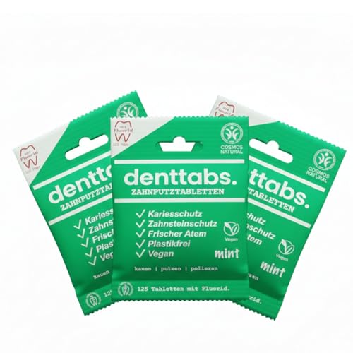 DENTTABS Pastiglie per spazzolini da denti, 375 pezzi, menta con fluoro, 6 mesi, vegane e senza plastica, alternativa sostenibile al dentifricio