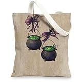 Bolsas de lona de caldero de bruja, bolsas de compras reutilizables con diseño mágico vintage, ligeras y lavables con correa para el hombro, Beige, 13x15 Inch