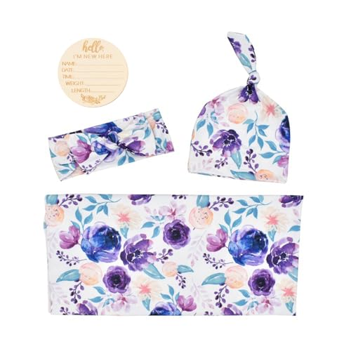 Image of Newborn Floral Print Blanket Baby Stretch Wrap Swaddle Receiving Blanket with Matching Headband and Beanie (Purple Floral)