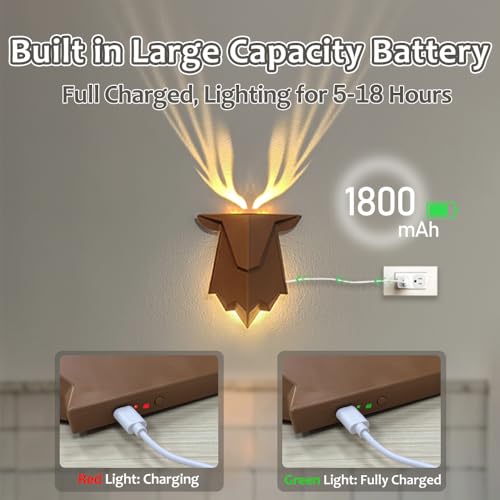 Image of Deer Shadow Lamp, Deer Antler Shadow Wall Lamp with Remote Control, Nail-Free Wall-Mounted Night Light for Bedroom, Living Room, Hallway, Battery Powered and Removable Rechargeable