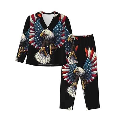 GXUNGT Conjunto de ropa de descanso de dos piezas con estampado de bandera de águila americana, pijama de manga larga para mujer, pijama con botones, pijama con bolsillos, Negro, XXL