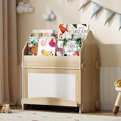 Treocho 2-Tier Kids Bookshelf, Toddler Bookshelf, Wooden Bookcase and Toy Storage for Kids Room, Playroom and Nursery, Natural Cover