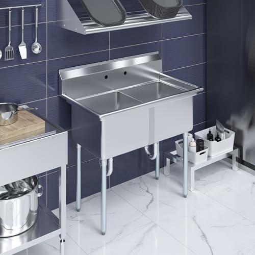 Image of AmGood Stainless Steel Prep & Utility Sink | 304 Stainless Steel | Restaurant, Kitchen, Laundry, Garage | NSF (23 in. x 41 in. | Two Bowls)