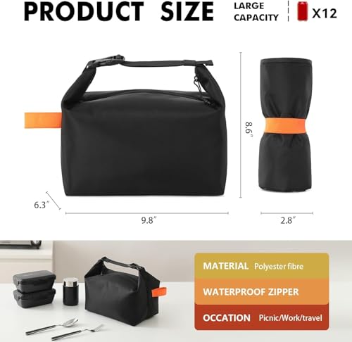 Image of Lunch Bag for Women & Men Fresh Keep Lunch Box, Small Leakproof Cooler Bag Food Lunch Containers High Capacity Reusable Lunch Tote Bags for Work, Office, Picnic, Travel (Black) (Medium)