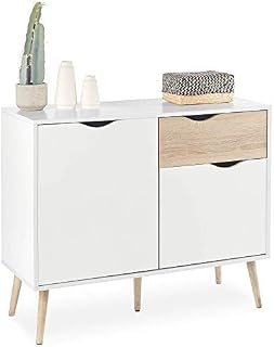 VonHaus Sideboard White & Oak Effect - Small Compact Sideboard Cabinet with 3 Storage Drawers & Cupboards  Nordic Scandi Style Furniture with Tapered Legs - Living Room, Lounge, Home Office & Hallway