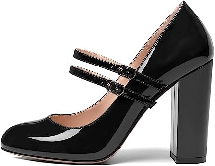 SHOWFOREST Women's High Heel Slip On 4 Inch Adjustable Strap Round Toe Business Patent Block Sexy Pumps Shoes Black Size 7.5 - Zapatos de Mujer de Vestir Tacon Bajo | Image 1