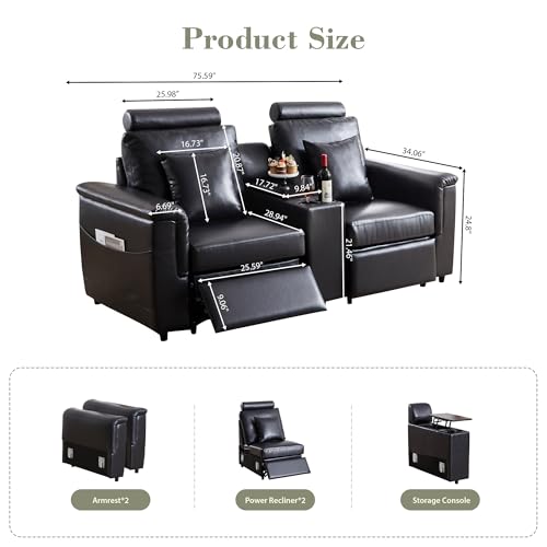 Image of RARZOE Manual Loveseat Recliner Sofa with Headrest, Faux Leather Power Reclining Couch with Storage Console Charging Cup Holders, Modern Comfy Daul Recliner for Living Room Home Theater,Black