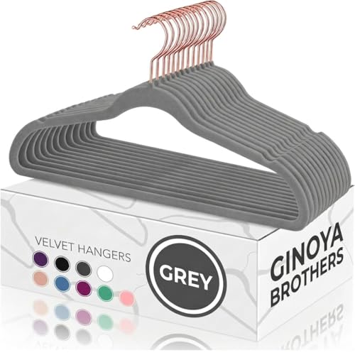 Image of Ginoya brothers Velvet Hangers,Non Slip Notched with Rose Gold Hook Coat /Suit Hangers,Space Saving 360 Degree Swivel Hook Clothes Hangers Wardrobe Hanger. (Grey, 50)