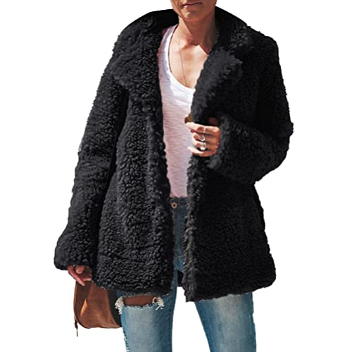 ticticlily Manteau Femme Hiver Chaud Veste en Peluche Polaire Teddy Grande Taille Manteaux Courte Ample Doux Veste à Col à Revers et Manches Longues Cardigan Blouson Outwear A Noir XXL Cover
