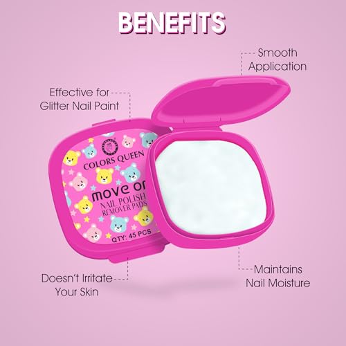 Image of Colors Queen Move On Nail Polish Removers Pads | Easy & Hassle Free Nail Paint Remover Wipes | Keeps Nails Moisturized & Nourished | Alcohol & Aceton Free Nail Polish Remover Wipes (45 Wipes, Pink)