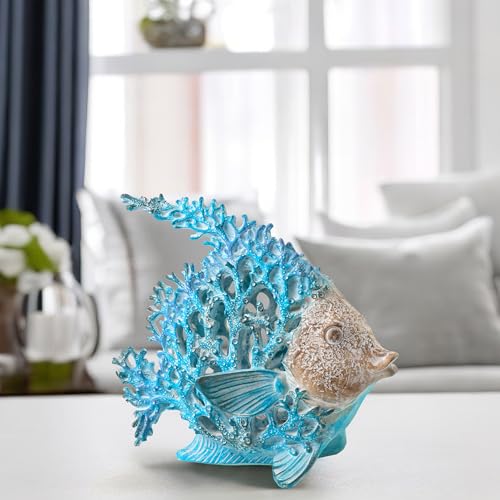 VVGIFTS Beach Coastal Decor Coral Reef Angelfish Home Office Desk Decor Sculpture Statue for Tabletop Shelf Bathroom Decoration Ornament Gift (Turquoise and Blue)
