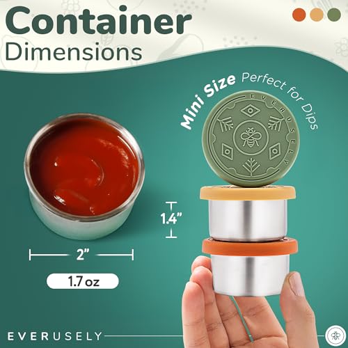 Everusely Condiment Cups - 3 Pack, 1.7 oz / 50 ml, Muted, Stainless Steel - Condiment Containers with Lids - Reusable Salad Dressing Container To Go - Sauce & Dip Cup for Lunchbox, Meal Prep