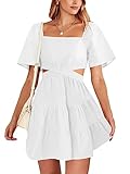 ANRABESS Women 2023 Spring Dress Summer Casual Cutout Square Neck Short Sleeve A-Line Sexy Party Gradution Dress Babydoll Short Mini Dresses 925baise-S White