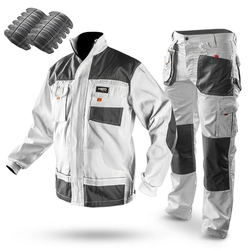 NEO TOOLS Pantalon de Travail Professionnel (Veste, genouillères) Blanc | Vêtement de Sécurité, Peintre, Taille S à XXL