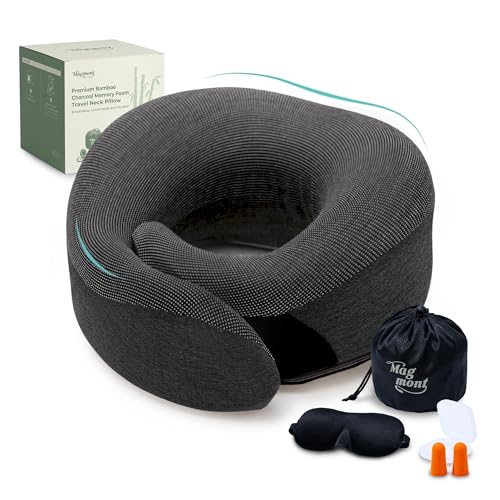 Image of Travel Neck Pillow for Airplanes, 360 Chin Support Memory Foam Travel Pillow for Long Flights, Bamboo Charcoal Memory Foam, Removable Washable Cover, Sleep Mask & Earplugs Included