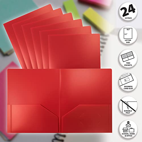 Heavyweight Plastic 2 Pocket Portfolio Folder, Letter Size Poly Folders By Better Office Products, 24 Pack (Red) #TOP2
