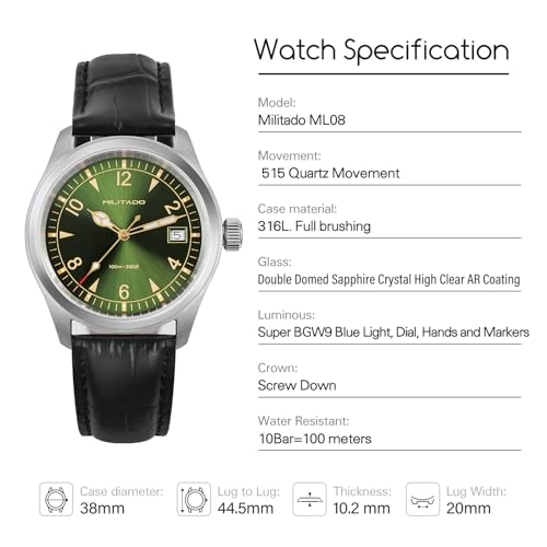 Image of TACTICAL FROG Militado ML08 Field Watch Japanese Sweep VH31 / 515 Movt with Calendar, Men's Military Watch Sapphire Crystal 10 ATM Waterproof Analog Watches for Men