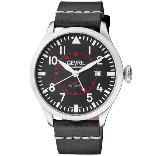 Gevril Men's Stainless Steel Automatic Watch with Leather Strap, Black, 20 (Model: 44503), Silver2