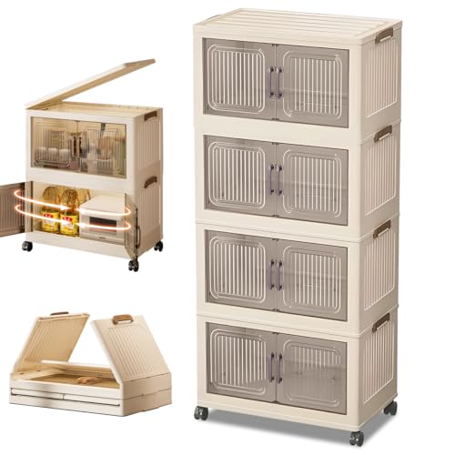 Catálogo de Armario plastico para comprar online. 46 Cajas de Almacenamiento Plástico Apilable 4 Nivel con Tapa y Ruedas, Contenedores con Doble Puerta Transparente, Armario de Organización Plegable para Dormitorio Sala Cocina...