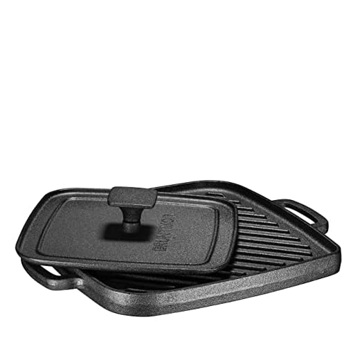 Bruntmor 2-in-1 Pre-Seasoned Square Cast Iron Reversible Griddle Grill Pan Cookware for Single Burner Stove Tops, 10X10 with Grip Handle and Heavy Grill Press, All Stove Types and Oven-Safe, Black.