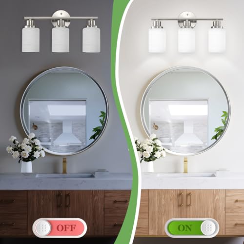 Image of Brushed Nickel Bathroom Light Fixtures, 3-Light Vanity Lights | Vanity Lights for Mirror with Textured Milky White Glass Shade, E26 Base Modern Kitchen Light Fixtures Wall Sconce Light