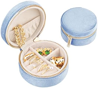 TAIMY Velvet Travel Jewelry Box, Round Small Travel Jewelry Case for Women Girls, Portable Mini Jewelry Travel Organizer Boxes for Rings Earrings Necklaces Bracelets(Blue Ocean)