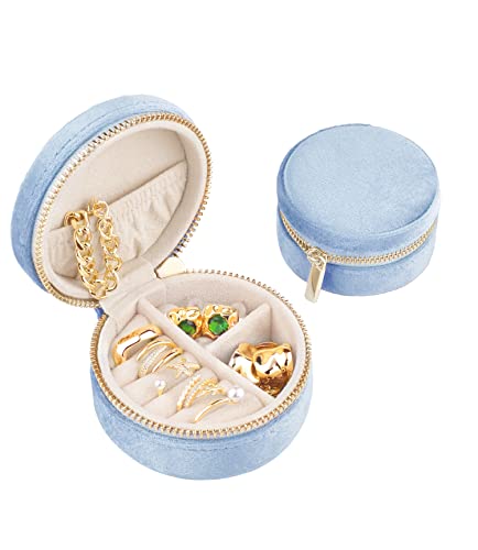 Taimy Velvet Travel Jewelry Box, Round Small Travel Jewelry Case For Women Girls, Portable Mini Jewelry Travel Organizer Boxes For Rings Earrings Necklaces Bracelets(Blue Ocean) #TOP1
