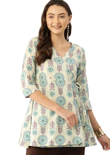 Image of feranoid Floral Print Angrakha 3 Sleeves Flared Kurti